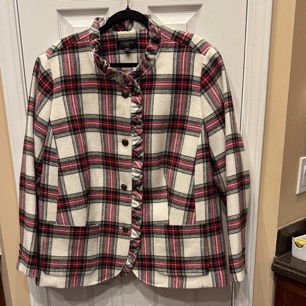 Talbots Women's Checkered / Ruffle Blazer - red plaid.